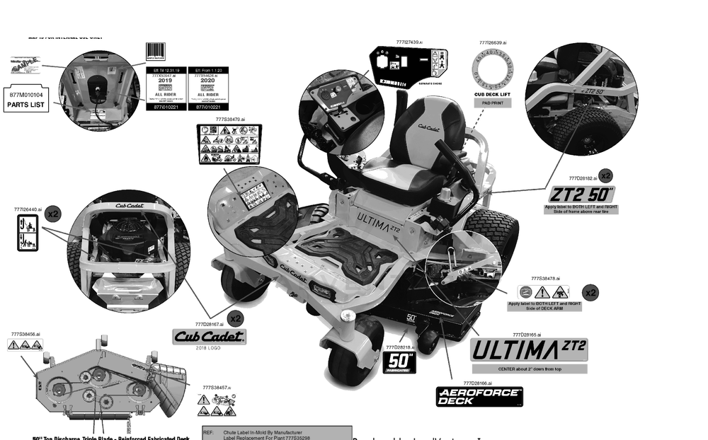 Label Map Diagram and Parts List for ZT2-50KW (17RIEACO010)(2020) Cub Cadet Lawn Tractor